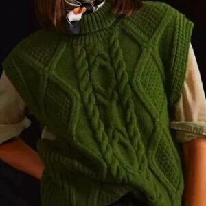 Anthropologie Cable-Knit Chunky Turtleneck Sweater Vest One Size Moss Green